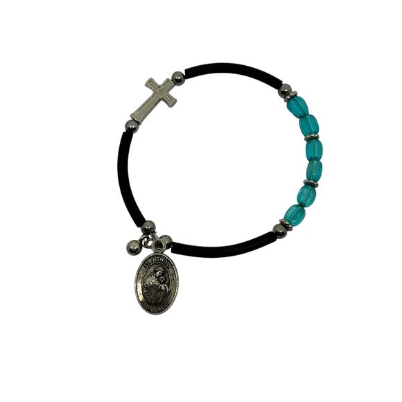 Catholic St. Anthony Medal Stretch Bracelet with Turquoise Beads Cross Charm - Picture 1 of 6